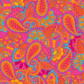 Seamless pattern of indian paisey floral motifs. Colorful repeating pattern