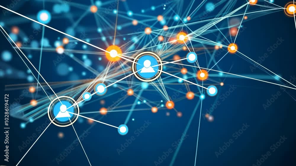 Poster a blue and orange background with many small dots. the dots are connected to each other in a web-lik