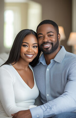 Obraz premium Happy African American couple sitting on a couch, hugging each other at home