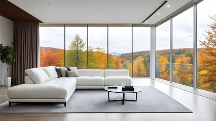 Living room interior with large window During fall season. Generative ai