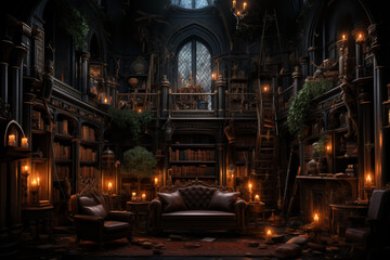 Fototapeta premium Gothic library interior with haunting atmosphere representing mystery and contemplation in dark hues