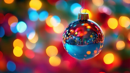 Fototapeta premium Close-up of holiday decorations, bright lights casting bokeh effects and vibrant reflections, enhancing a cozy, festive feel. Soft, blurred background.