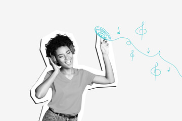 Collage picture of cheerful happy woman listen music melody dance chill isolated on drawing...