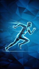 Obraz premium Abstract running man form lines and triangles, point connecting network on blue background. Illustration vector