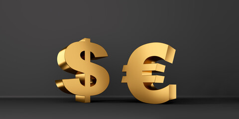 Golden Euro and Dollar symbols in front of a dark wall with copy space - 3D illustration