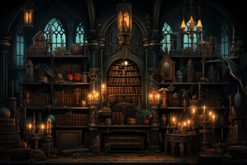 Obraz premium Gothic library interior with atmospheric mood representing wisdom and mystery in dark tones