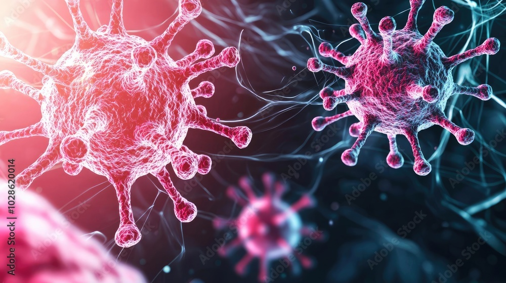 Poster microscopic view of colorful viruses in a digital environment.