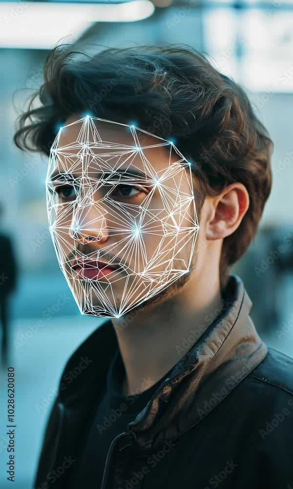 Poster a man with a face drawn on him in a black jacket. the drawing is made of lines and dots, giving the 