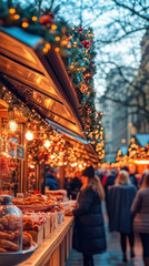Obraz premium People visiting christmas market in prague old town square at twilight