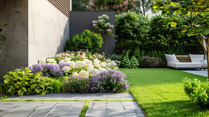 Fototapeta premium Beautiful landscaped backyard with stone path and blooming flowers on a sunny day