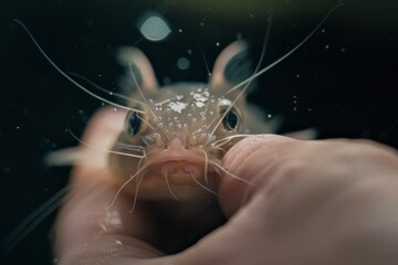 A hand gently holds a catfish, its whiskers and shiny surface glistening in the light, showcasing human-animal interaction.