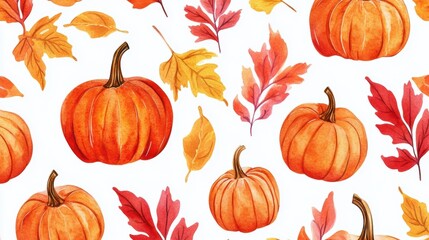 Autumn watercolor seamless pattern filled with bright pumpkins and rich fall foliage. Ideal for seasonal crafts, textiles, and other creative applications.