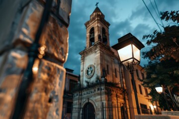 A warmly lit street with a prominent clock tower silhouetted against a deepening evening sky, other buildings fade softly into shadow.