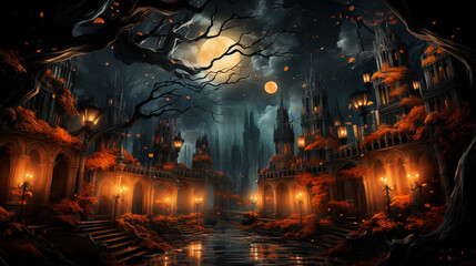 Obraz premium Gothic landscape with eerie atmosphere representing mystery and enchantment under a moonlit sky