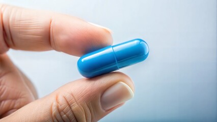 Hand holding blue pill for medication
