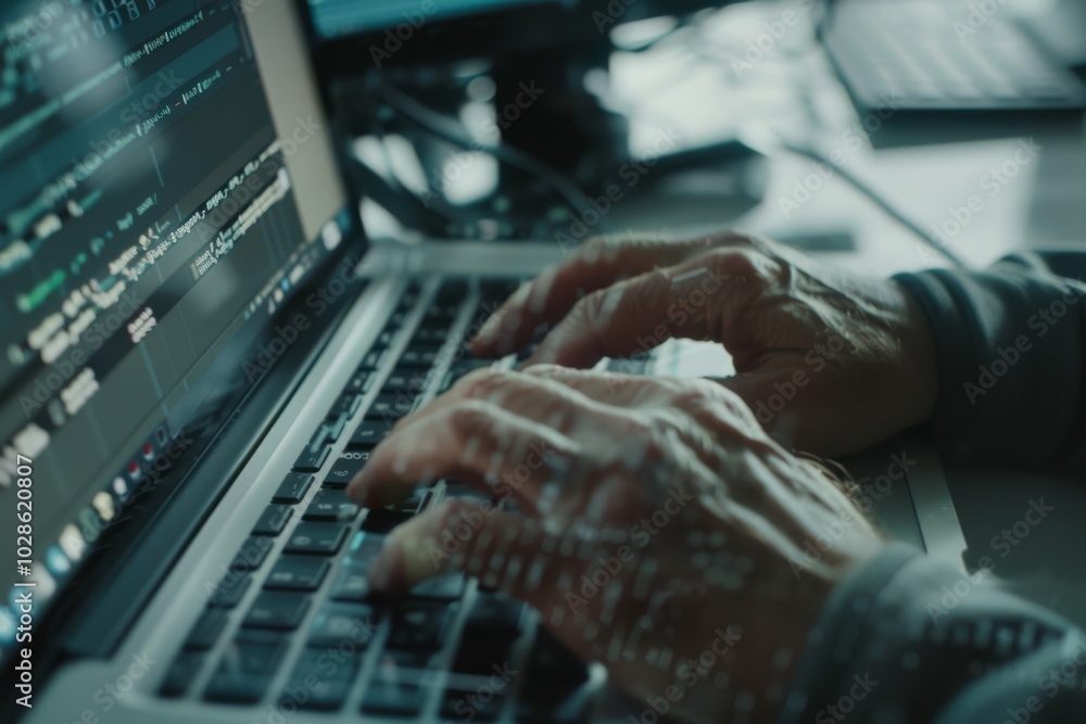 Wall mural hands typing on a laptop keyboard in a dimly lit room, surrounded by multiple computer screens displ