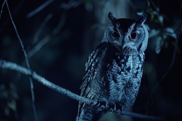 A great horned owl perches on a branch in a dim, mysterious forest, its striking eyes glowing in the midnight shadows, evoking a sense of wonder.