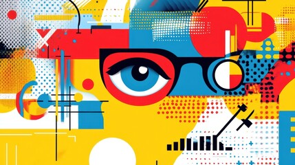 Eye-catching collage element representing the search concept, blending contemporary design with bold colors, abstract patterns, and familiar search symbols. Ideal for marketing and digital media.