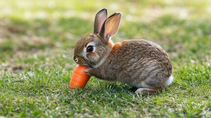 Fototapeta premium fat bunny nibbling on a carrot in a grassy field, bright natural lighting,