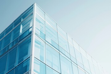 Obraz premium A modern glass building reaches skyward, reflecting the blue sky with its sleek, minimalistic lines and geometric patterns, showcasing urban architecture.