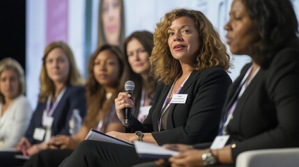 Female professionals on panel discussion at business conference, leadership and diversity in corporate setting. Women executives sharing insights on career growth, strategy, and workplace empowerment
