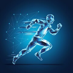 Fototapeta premium Abstract running man form lines and triangles, point connecting network on blue background. Illustration vector