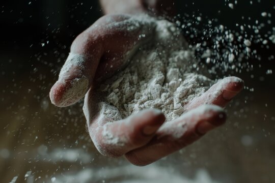 Flour dances from a hand in a soft shower, creating an artistic and dynamic capture of the baking process in progress.