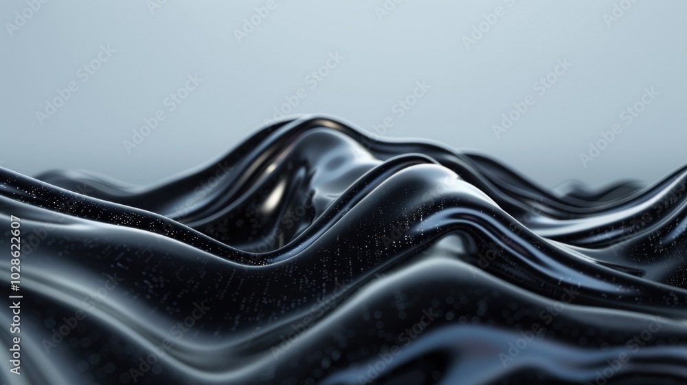Poster abstract glossy black waves with a smooth surface and tiny sparkles, creating a futuristic and elega