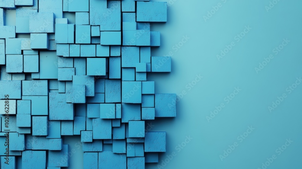 Aufkleber abstract 3d blue blocks arranged on a flat, monochromatic background, creating a textured and layere