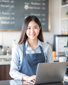 Portrait of  female sales staff with beautiful front blur  with copy space at coffee  shop counter