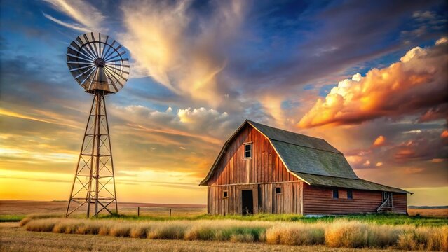 Painting of a farm barn and windmill in the field Low Angle
