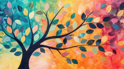 A stylized abstract tree with vibrant, multicolored leaves set against a colorful gradient background, symbolizing growth and creativity.
