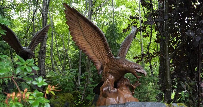 Beautiful wood sculpture of a bold eagle at Potlatch Totem Park and Museum in Ketchikan, Alaska.