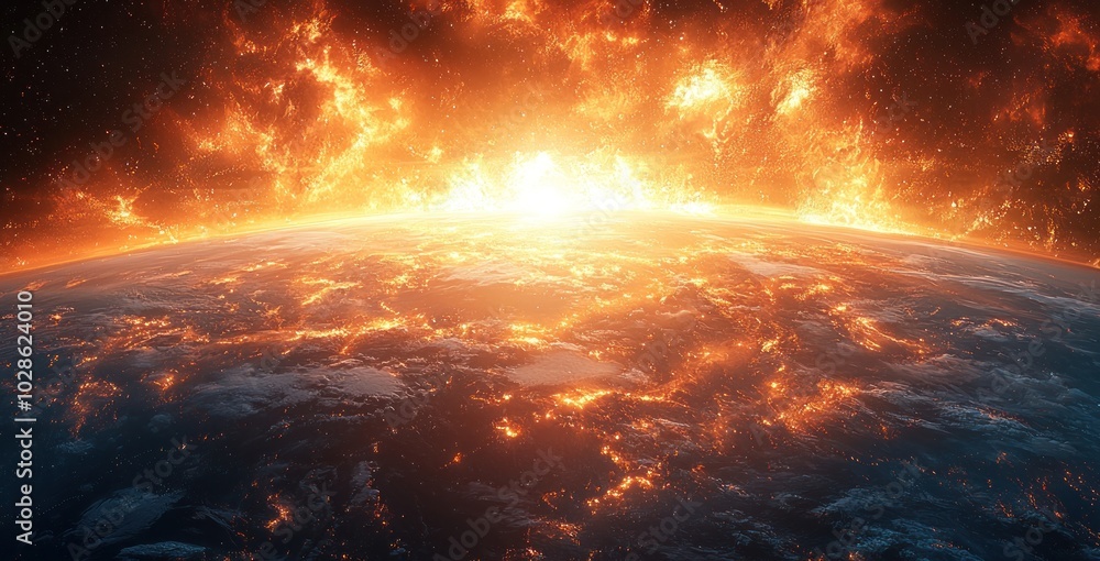 Wall mural fiery swirling vortex on a planetary surface with intense flames and cosmic destruction in deep spac