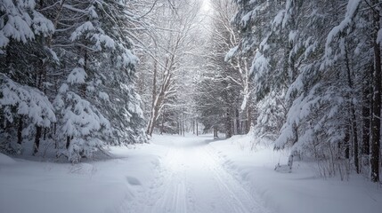Snow-Covered Path Through a Winter Forest