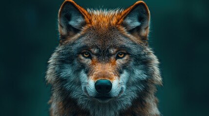 Fototapeta premium Wolf wearing a suit and tie with a serious expression against a teal background Generative AI