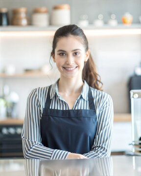 Portrait of  female sales staff with beautiful front blur  with copy space at coffee  shop counter