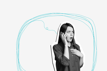Collage image picture of confused stressed depressed woman listen news isolated on drawing...