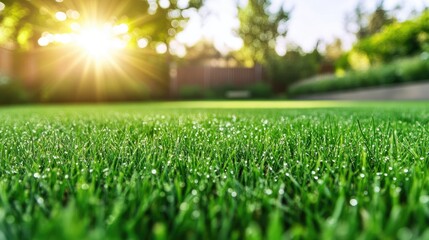 Naklejka premium Morning Light on Fresh Green Grass with Dew Drops