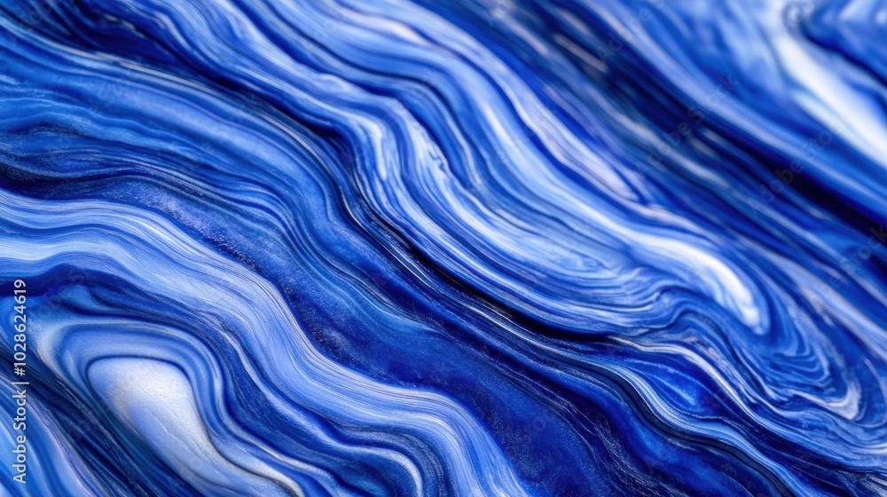 Poster abstract close-up of blue marble texture with flowing wave-like patterns, showcasing fluid shapes an
