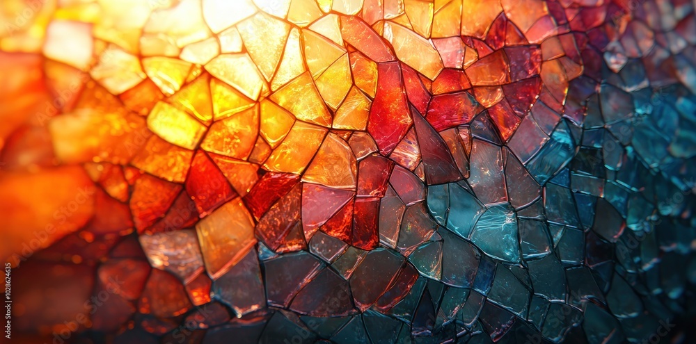 Wall mural close-up of vibrant stained glass with colorful patterns illuminated by warm light generative ai
