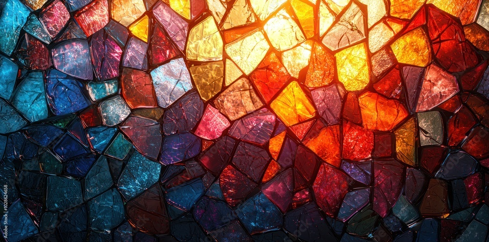 Wall mural close-up of vibrant stained glass with colorful patterns illuminated by warm light generative ai