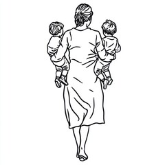 Simple line drawing of a mother holding two children in her arms Generative AI