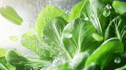 Fresh green bok choy leaves being washed under running water with droplets sparkling in kitchen lights