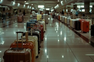 Fototapeta premium An airport terminal hallway lined with colorful suitcases, creating an atmosphere of bustling travel and anticipation.