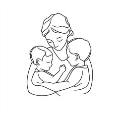 Simple line drawing of a mother holding two children in her arms Generative AI
