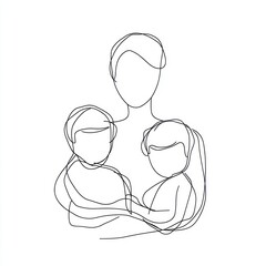 Simple line drawing of a mother holding two children in her arms Generative AI