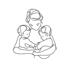 Simple line drawing of a mother holding two children in her arms Generative AI