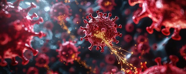 Microscopic view of virus particles on a dark background.