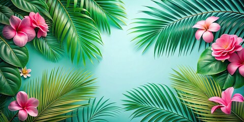 Palm leaves background with pink summer leaves frame and tropical flowers on aerial view